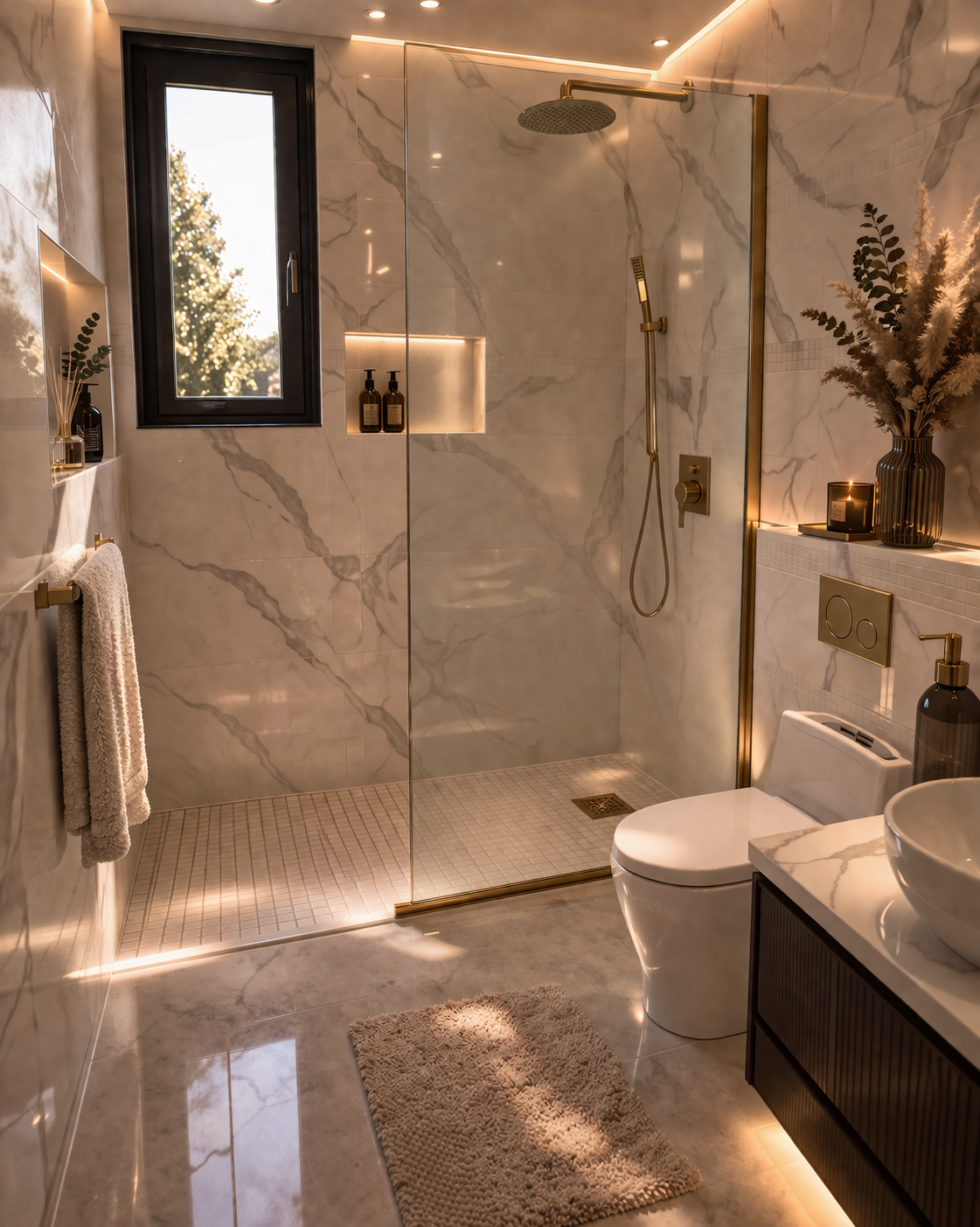 Frosted shower screen · Gold U-channel